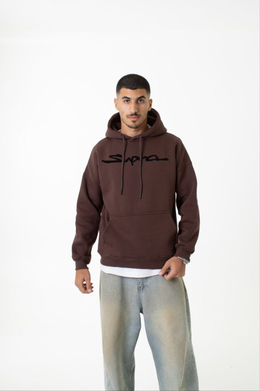 Brown Printed "supra" Hoodie